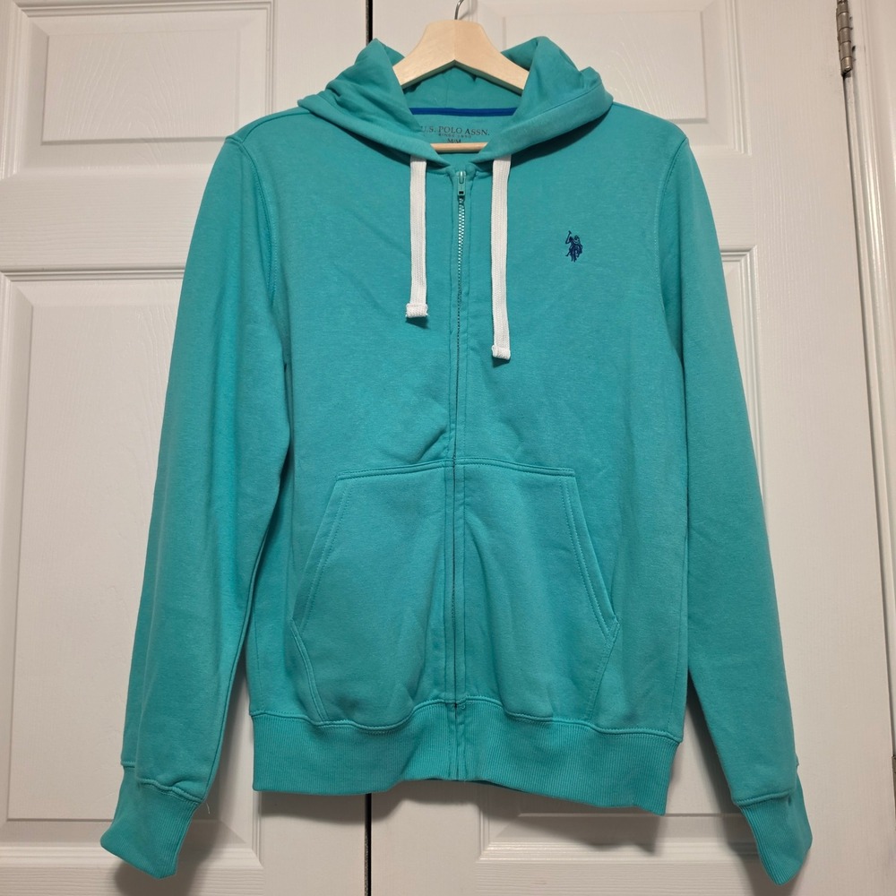 U.S. Polo Assn. Full Zip Hoodie Aqua Teal Blue Logo Sweatshirt Size Medium